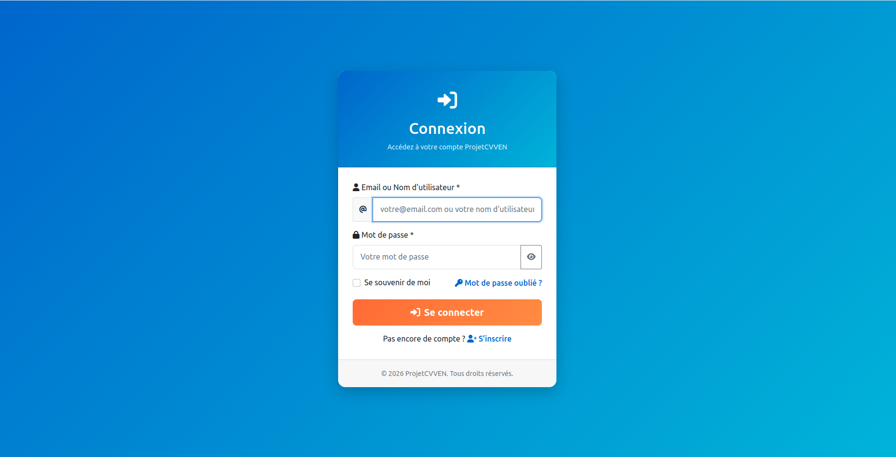 Ecran de connexion du projet CVVEN